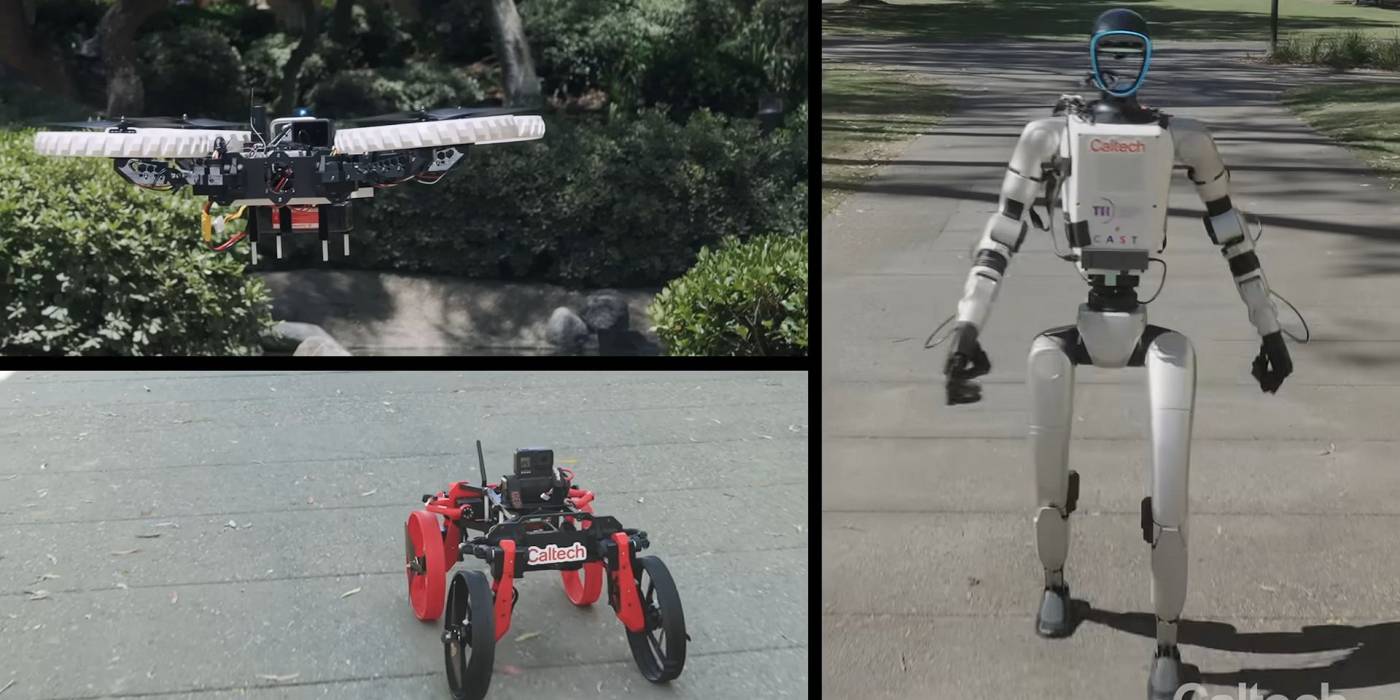 Videón a humanoid robot, ami drónt indít a hátáról, ami aztán autóvá változik