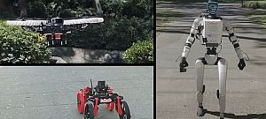 Videón a humanoid robot, ami drónt indít a hátáról, ami aztán autóvá változik