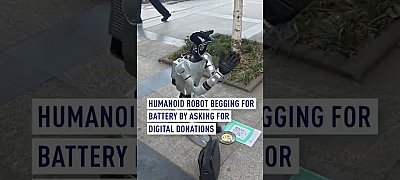 Videón ahogy új akkura koldul pénzt egy robot az utcán Kínában
